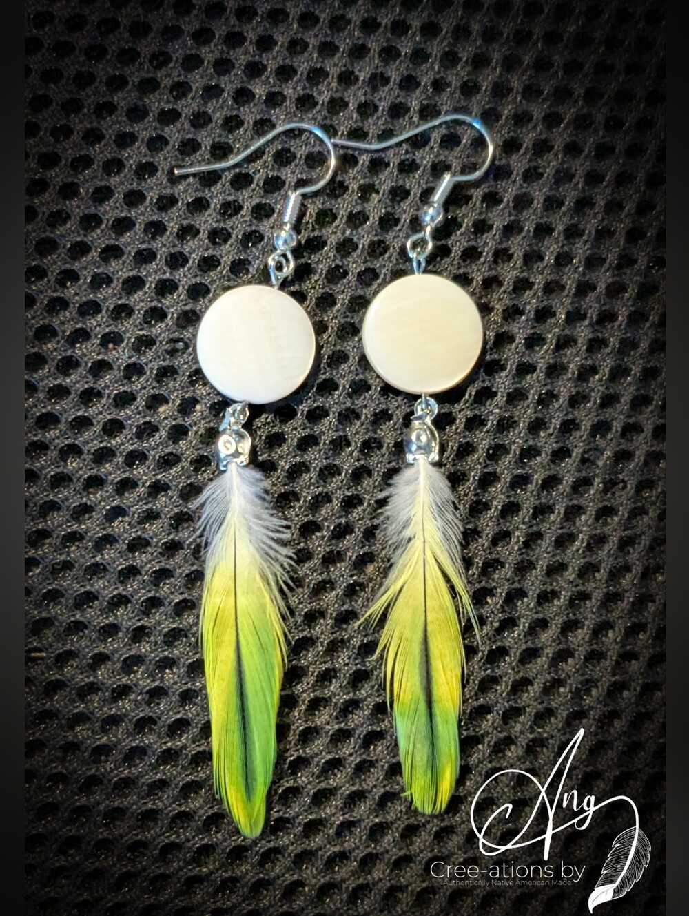 Small Bright Green and White Feather Earrings With MOP Discs